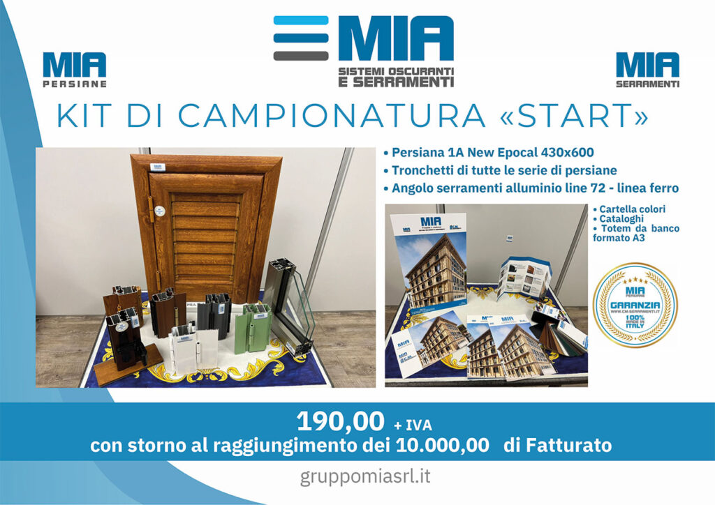 Kit di campionatura Start per showroom e rivenditori - Gruppo Mia. Campioni di persiane e serramenti in alluminio con cataloghi e materiali promozionali.