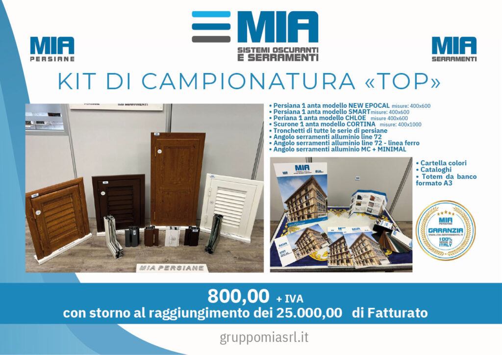 Kit di campionatura Top per showroom e rivenditori - Gruppo Mia. Campioni avanzati di persiane e serramenti in alluminio con materiali di supporto e cataloghi tecnici